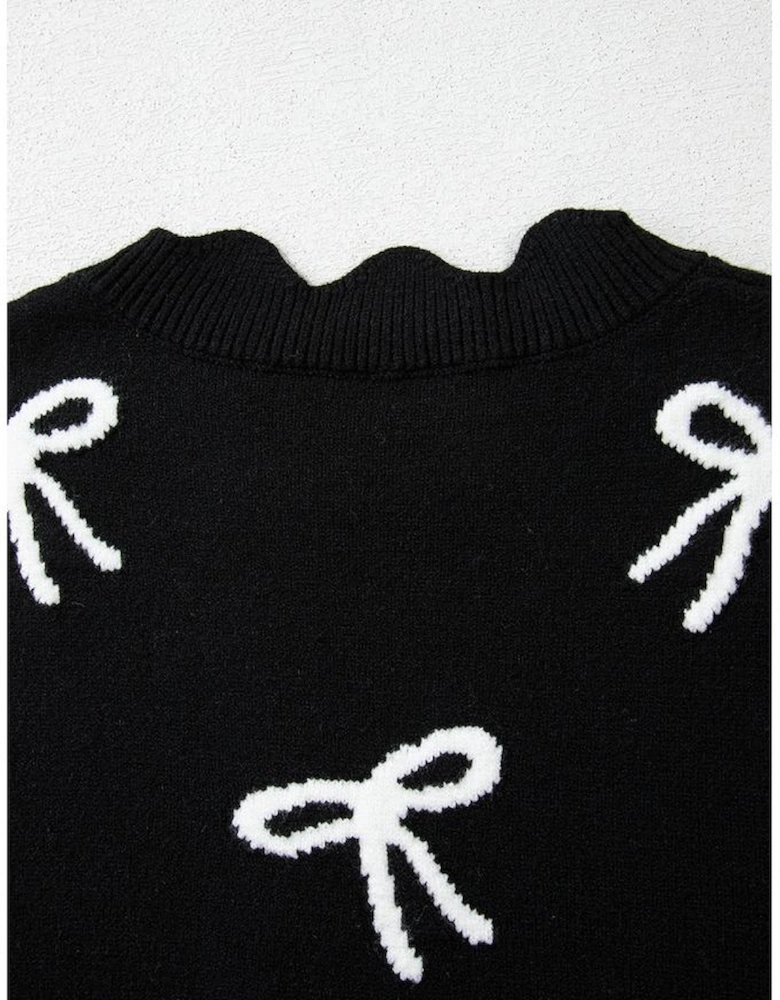 Black Bow Print Side Ties Scalloped Hem Sweater T Shirt