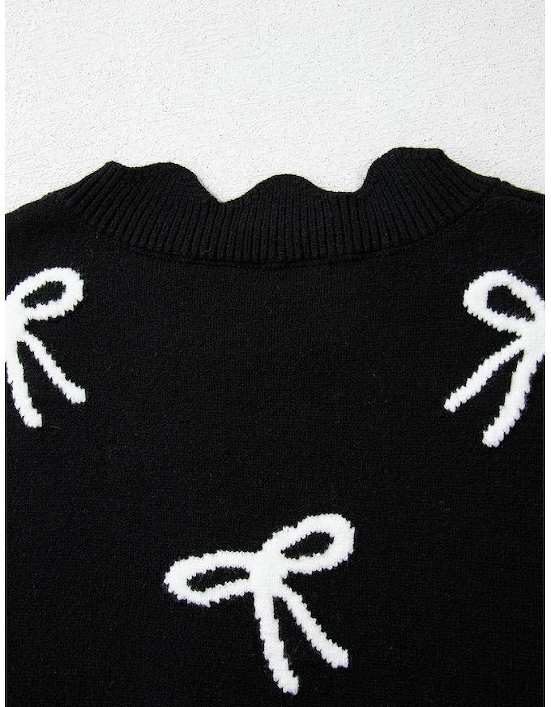 Black Bow Print Side Ties Scalloped Hem Sweater T Shirt