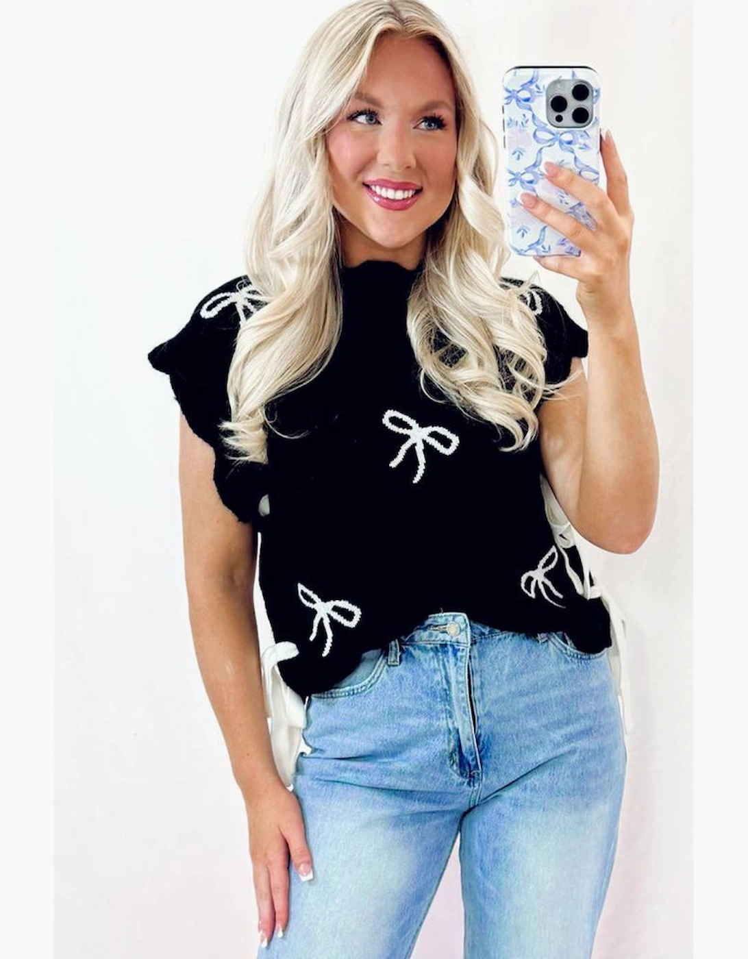Black Bow Print Side Ties Scalloped Hem Sweater T Shirt