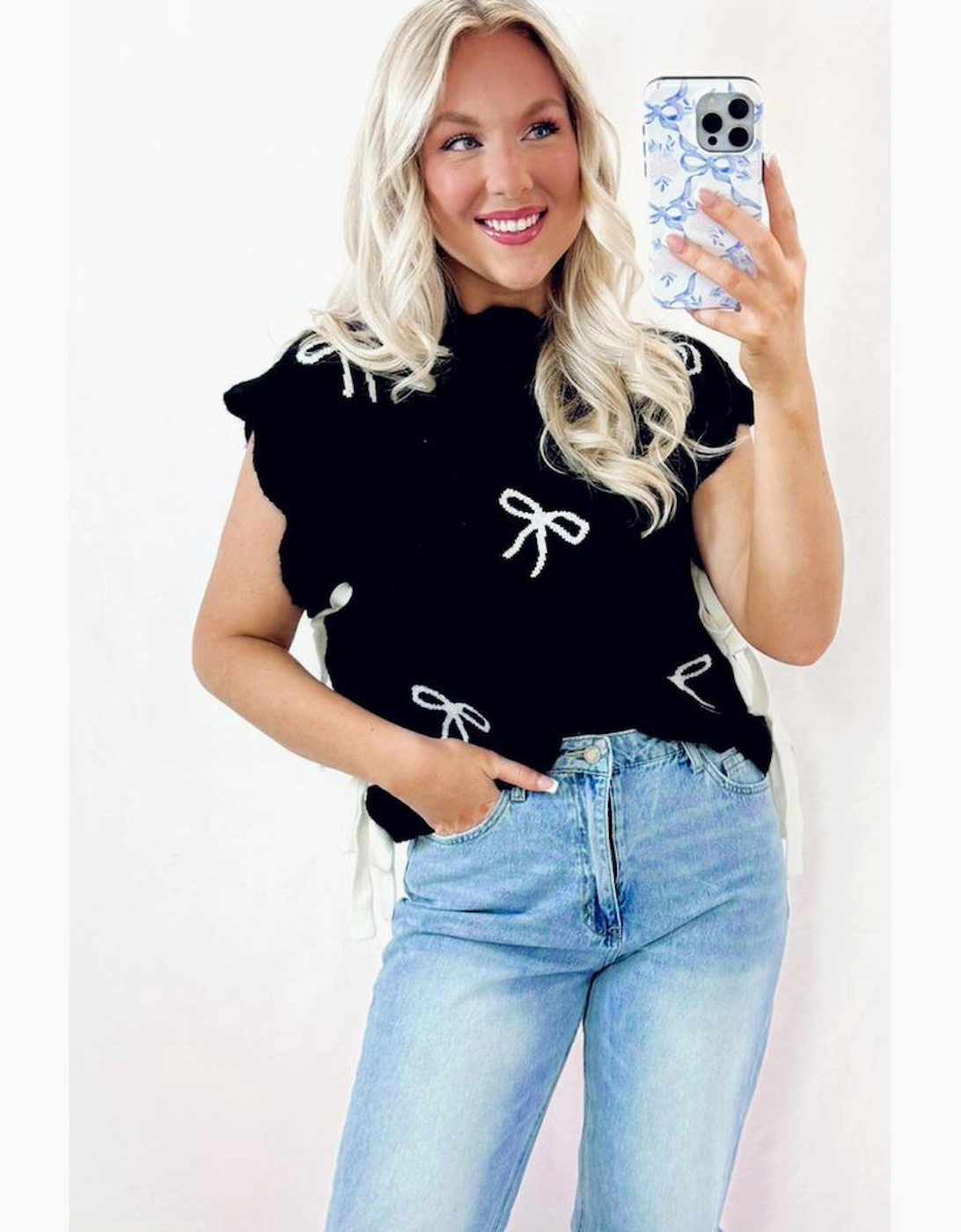 Black Bow Print Side Ties Scalloped Hem Sweater T Shirt