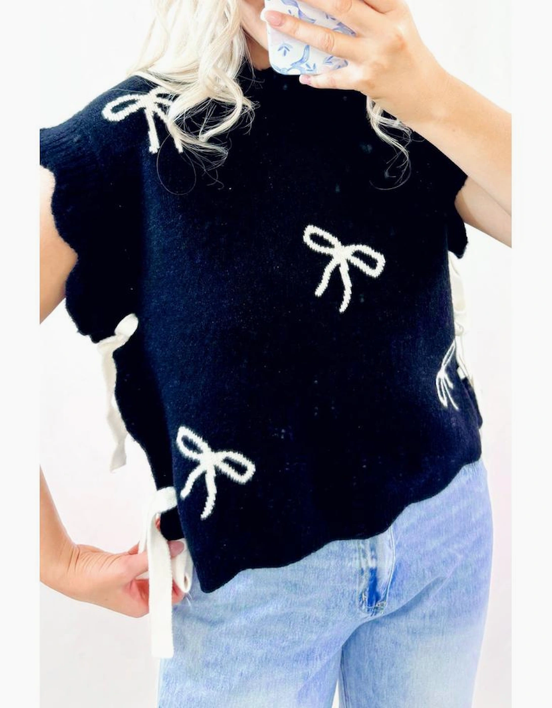 Black Bow Print Side Ties Scalloped Hem Sweater T Shirt