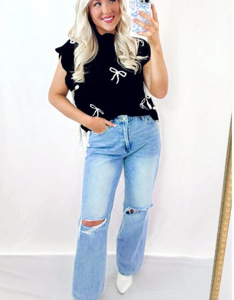 Black Bow Print Side Ties Scalloped Hem Sweater T Shirt