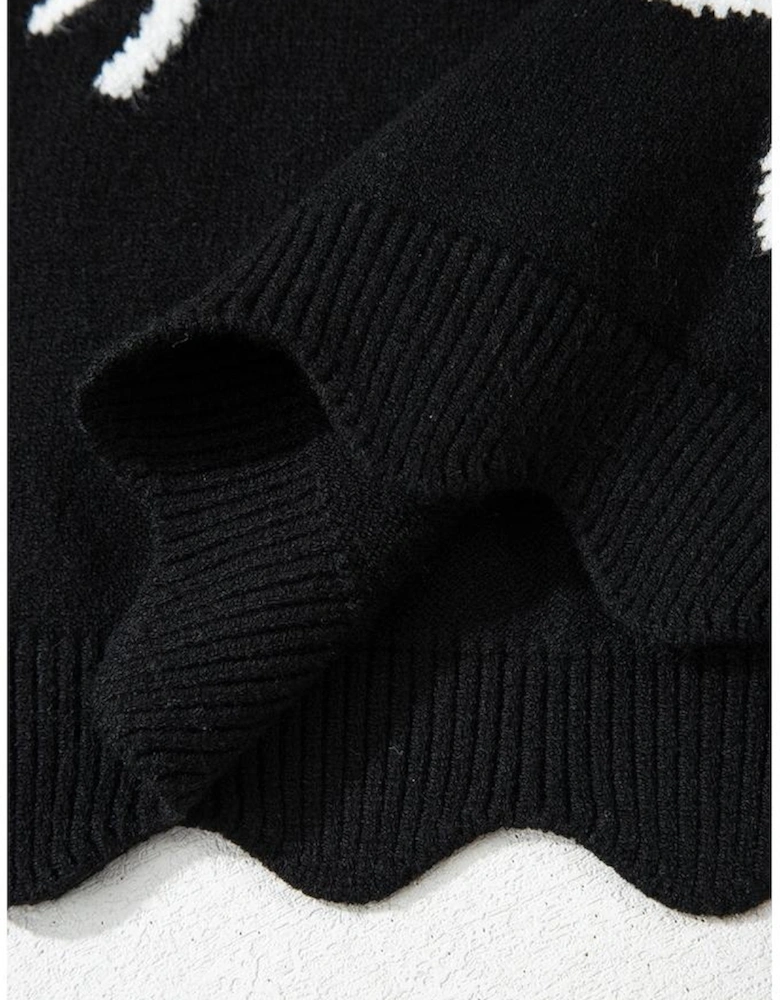 Black Bow Print Side Ties Scalloped Hem Sweater T Shirt