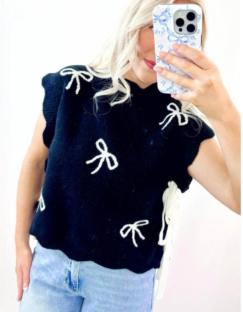 Black Bow Print Side Ties Scalloped Hem Sweater T Shirt