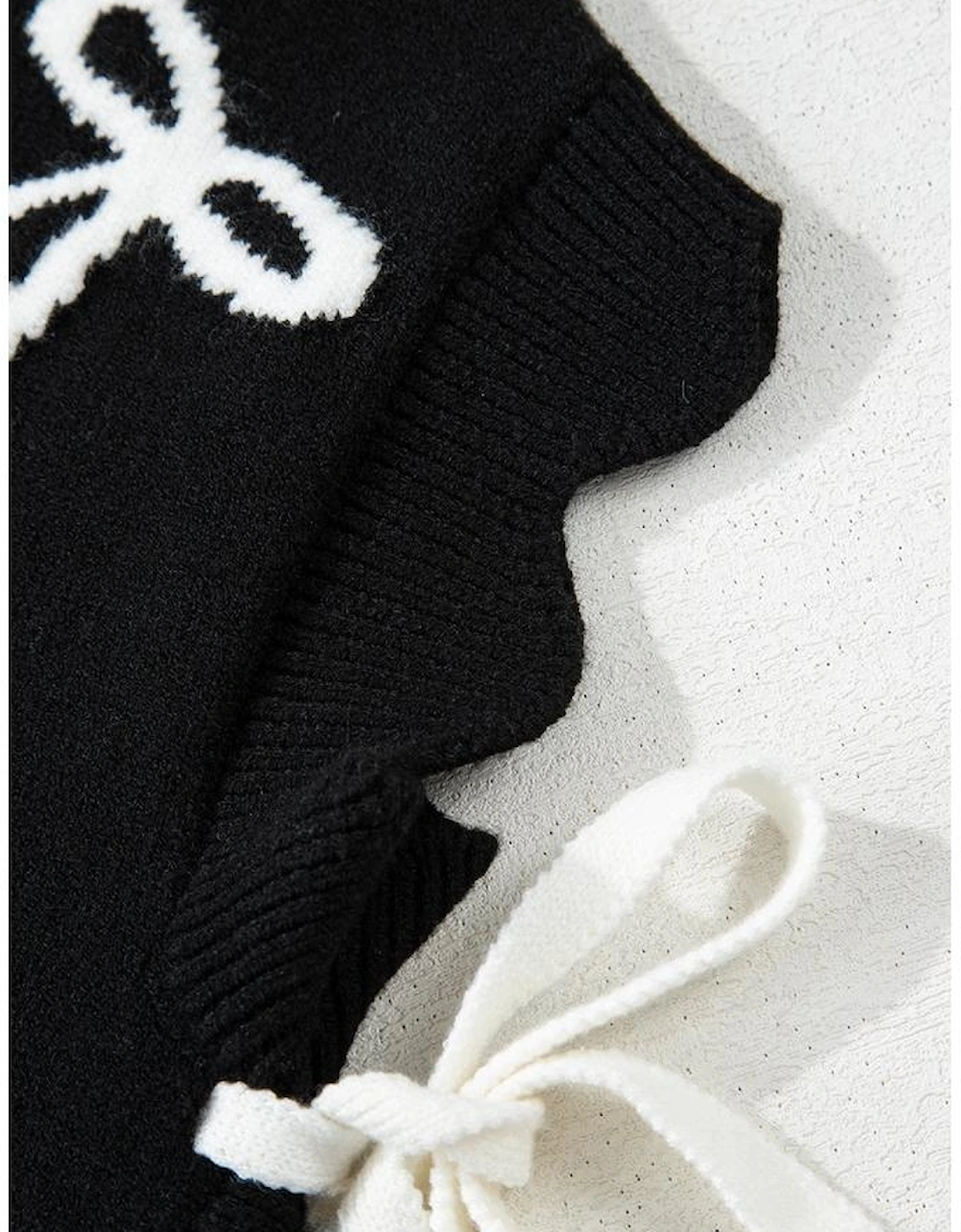 Black Bow Print Side Ties Scalloped Hem Sweater T Shirt