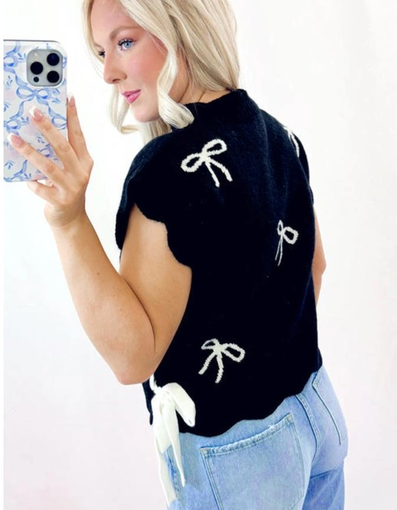 Black Bow Print Side Ties Scalloped Hem Sweater T Shirt
