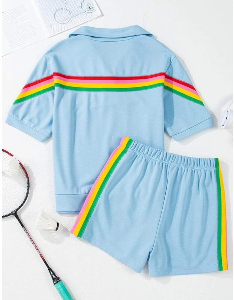 Sky Blue Rainbow Colorblock Collared Short Sleeve Top 2 Piece Shorts Set