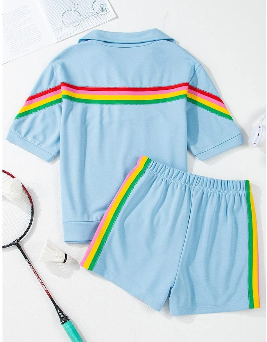 Sky Blue Rainbow Colorblock Collared Short Sleeve Top 2 Piece Shorts Set
