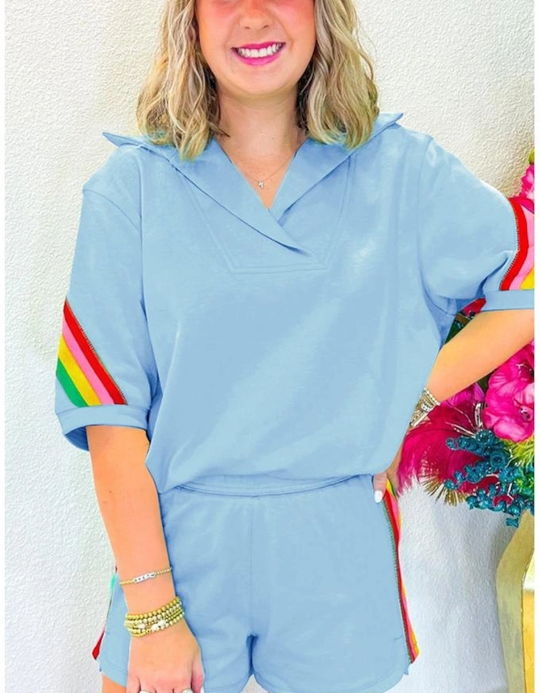 Sky Blue Rainbow Colorblock Collared Short Sleeve Top 2 Piece Shorts Set