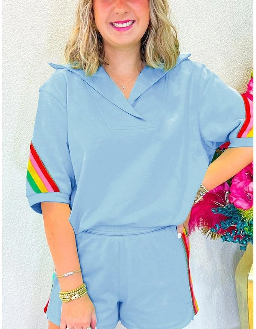 Sky Blue Rainbow Colorblock Collared Short Sleeve Top 2 Piece Shorts Set