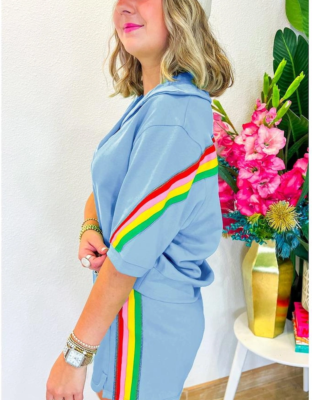 Sky Blue Rainbow Colorblock Collared Short Sleeve Top 2 Piece Shorts Set, 12 of 11