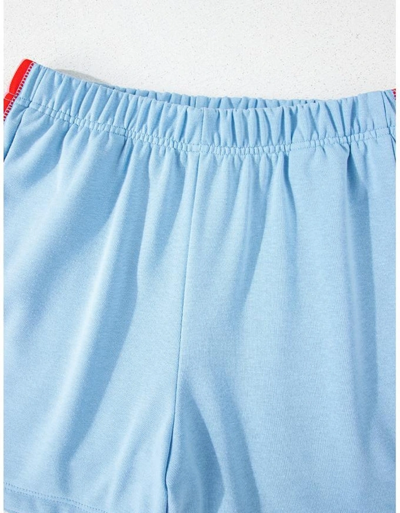 Sky Blue Rainbow Colorblock Collared Short Sleeve Top 2 Piece Shorts Set