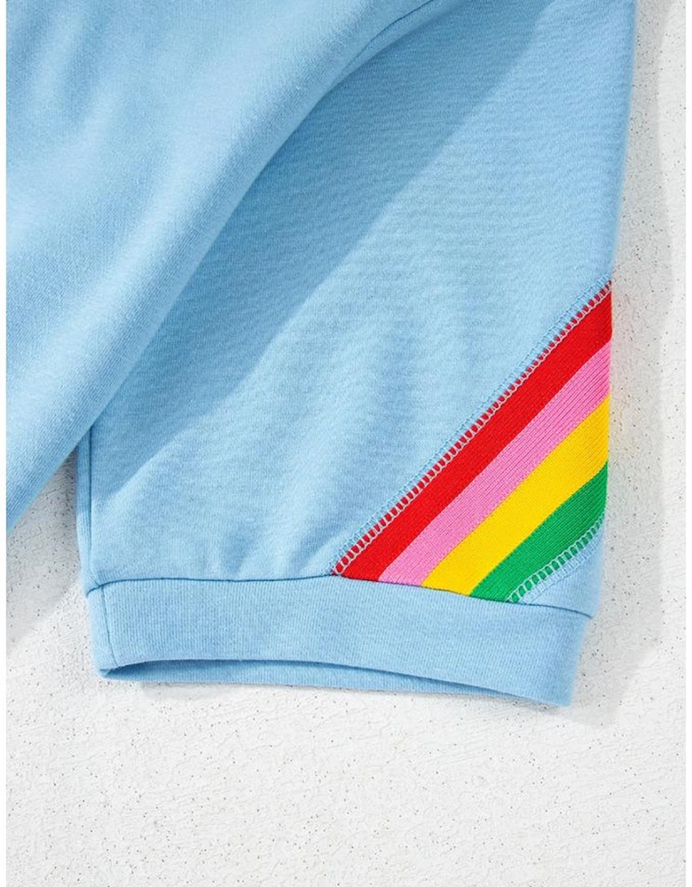 Sky Blue Rainbow Colorblock Collared Short Sleeve Top 2 Piece Shorts Set