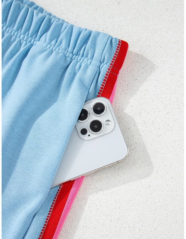 Sky Blue Rainbow Colorblock Collared Short Sleeve Top 2 Piece Shorts Set