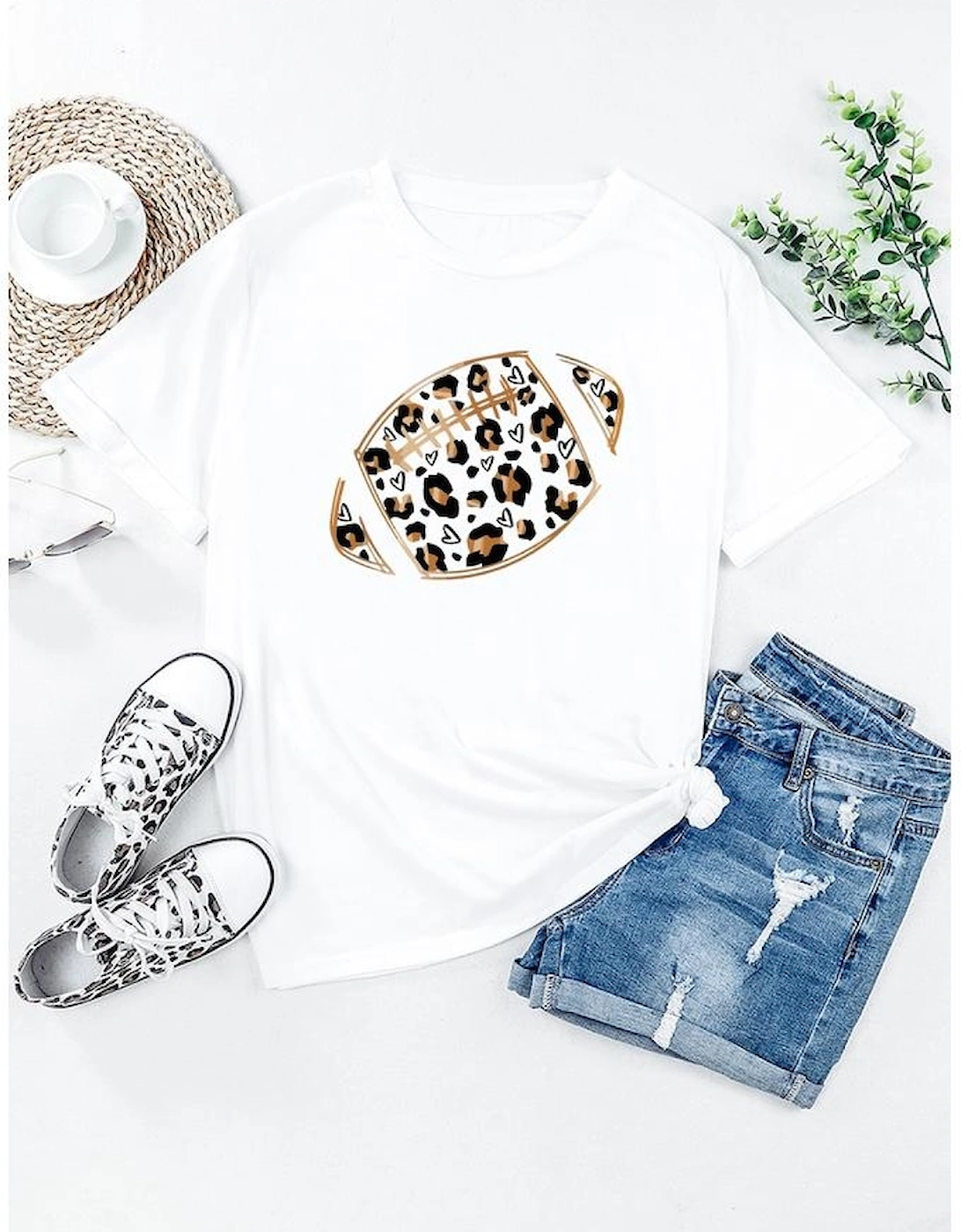 White Leopard Heart Shape Rugby Print Short Sleeve T Shirt