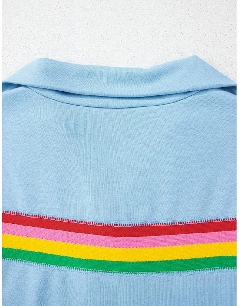 Sky Blue Rainbow Colorblock Collared Short Sleeve Top 2 Piece Shorts Set