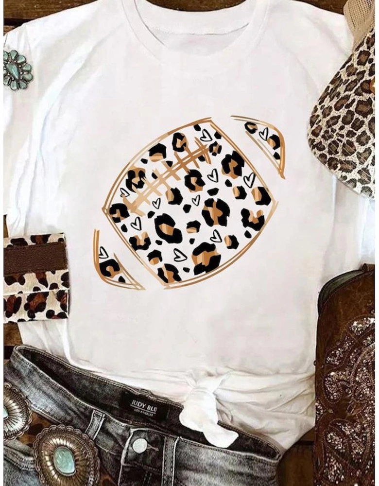 White Leopard Heart Shape Rugby Print Short Sleeve T Shirt