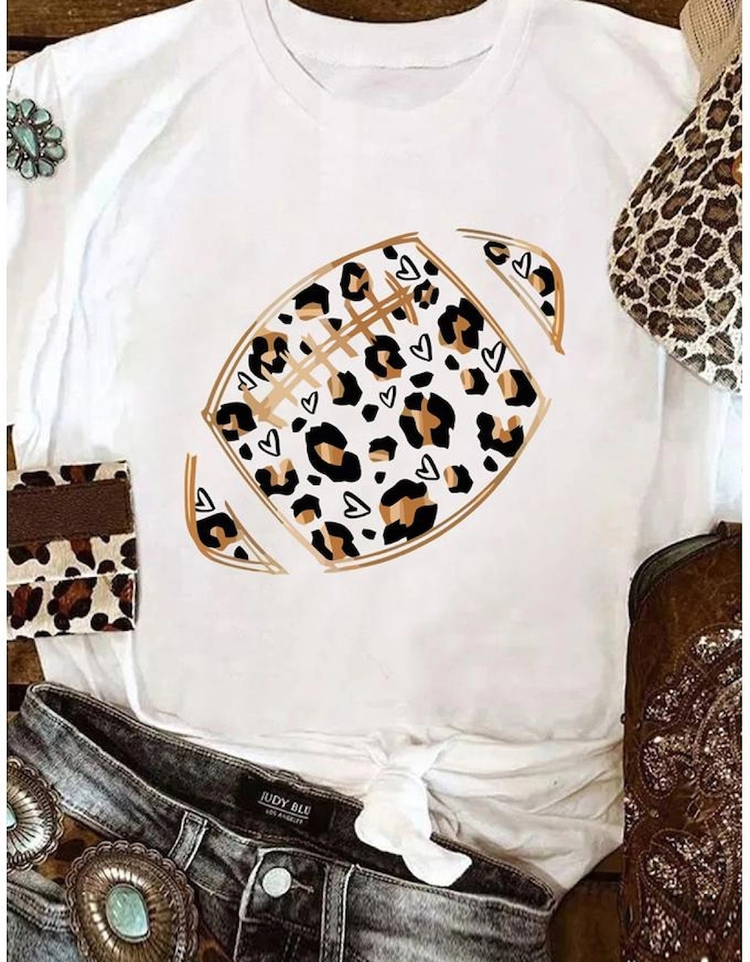 White Leopard Heart Shape Rugby Print Short Sleeve T Shirt