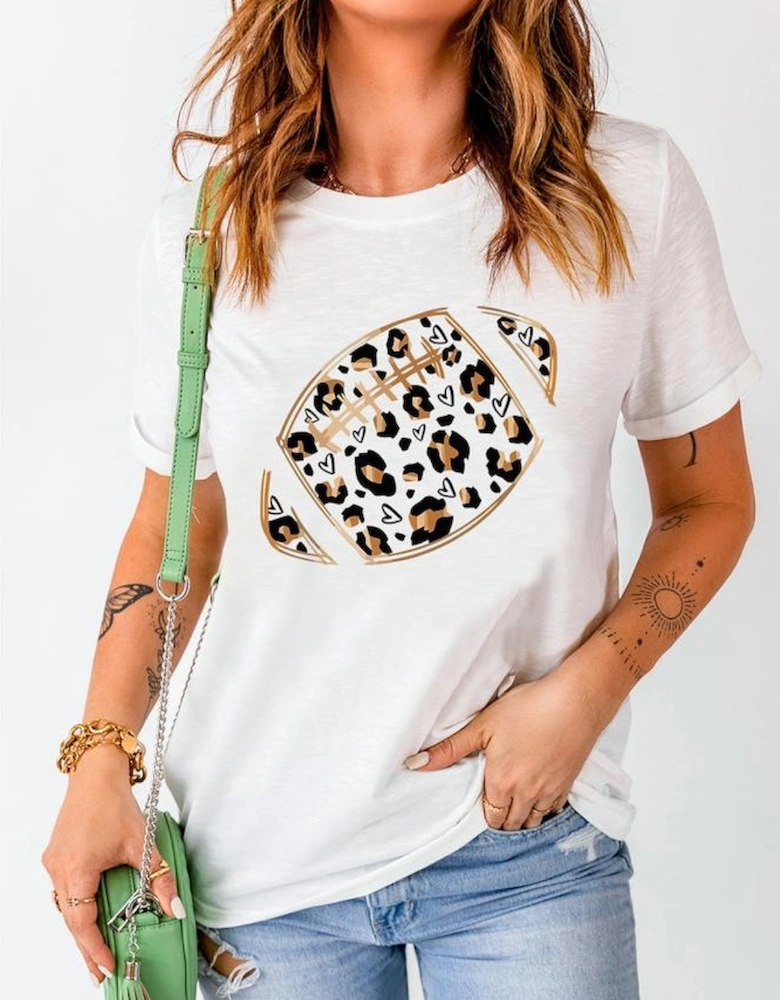 White Leopard Heart Shape Rugby Print Short Sleeve T Shirt