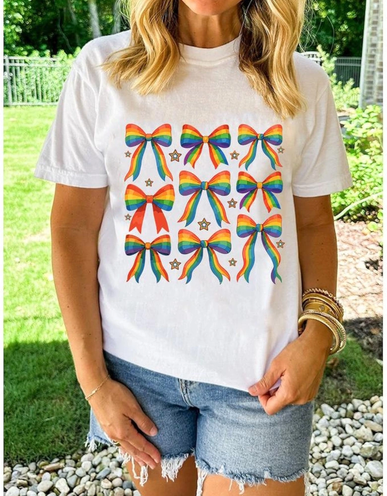 White Pride Bow Starry Print Cotton Blend T Shirt