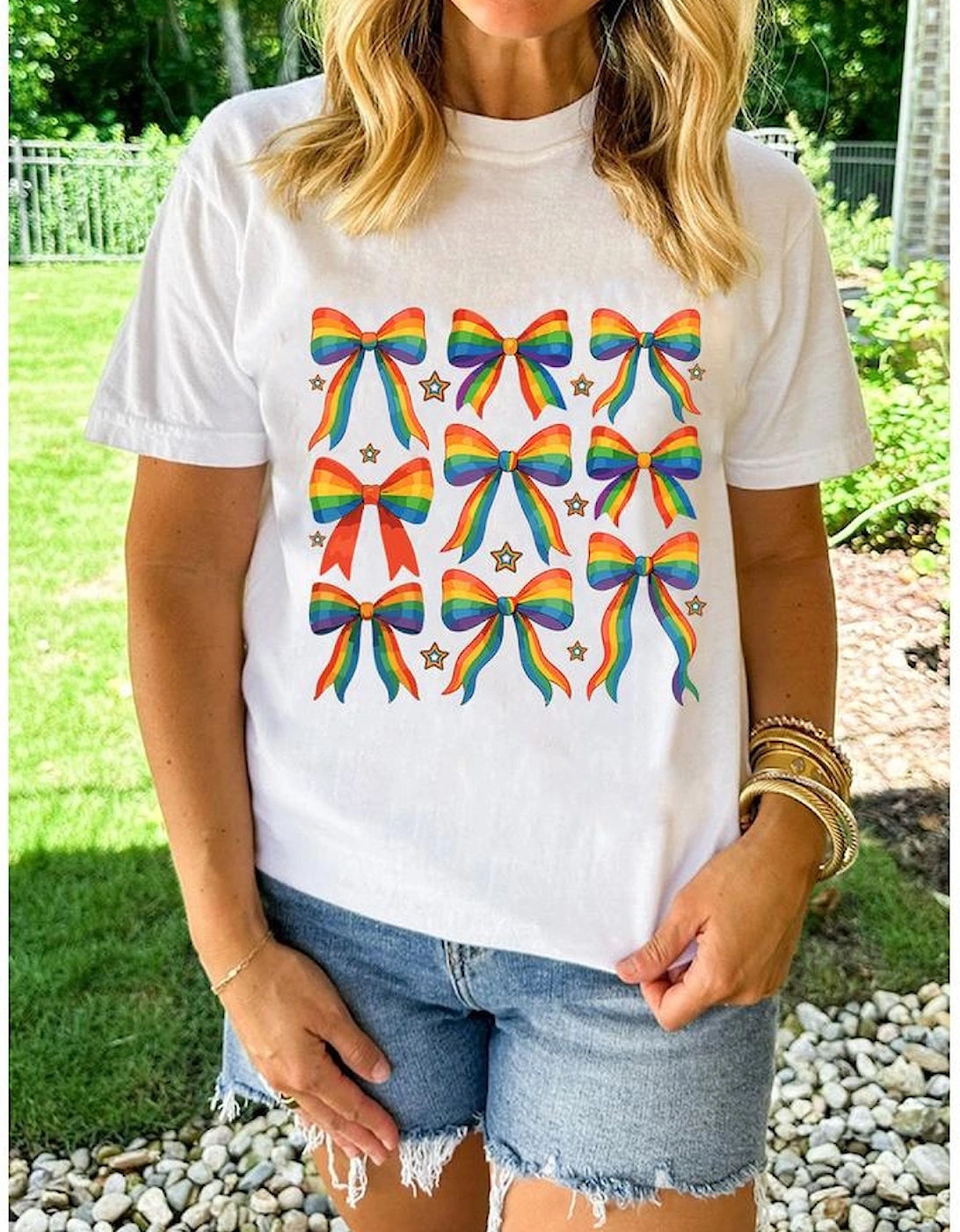 White Pride Bow Starry Print Cotton Blend T Shirt