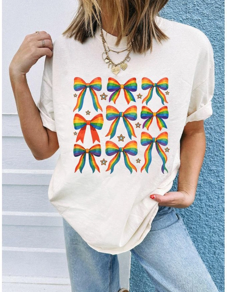 White Pride Bow Starry Print Cotton Blend T Shirt