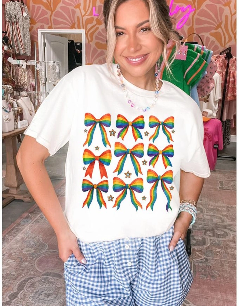 White Pride Bow Starry Print Cotton Blend T Shirt