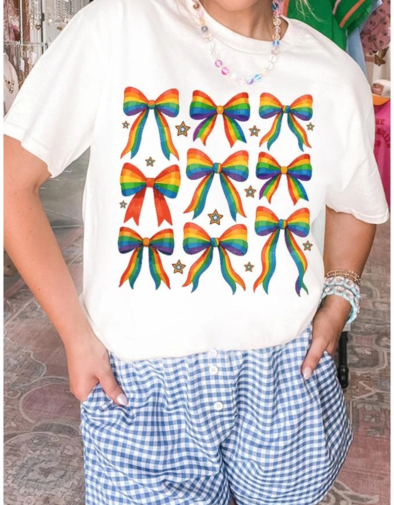 White Pride Bow Starry Print Cotton Blend T Shirt