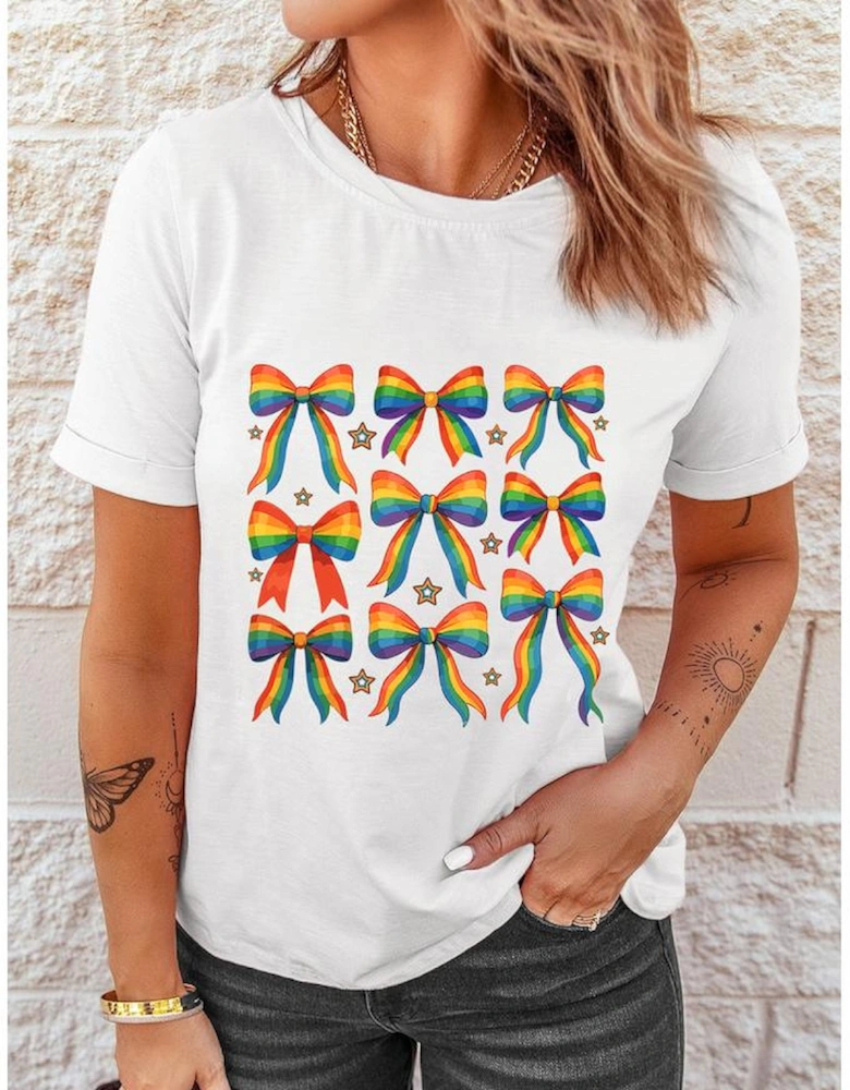 White Pride Bow Starry Print Cotton Blend T Shirt
