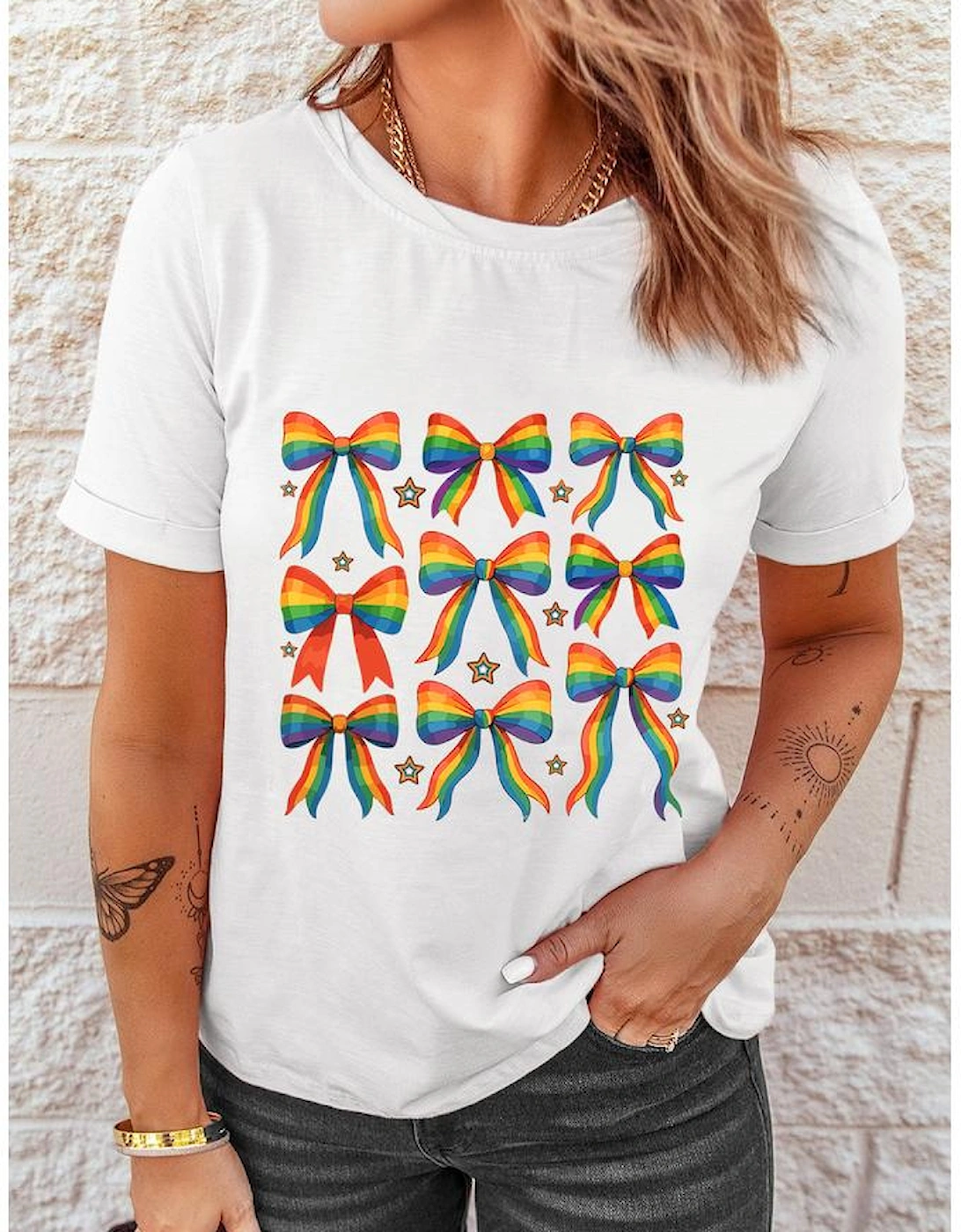 White Pride Bow Starry Print Cotton Blend T Shirt