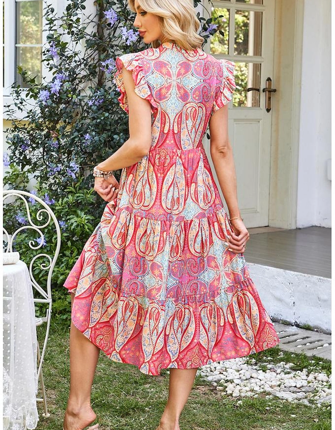 Rose Tribal Paisley Print Ruffled Sleeve Notch Neck Midi Dress, 16 of 15