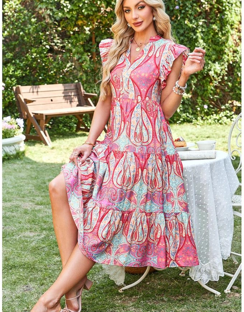 Rose Tribal Paisley Print Ruffled Sleeve Notch Neck Midi Dress