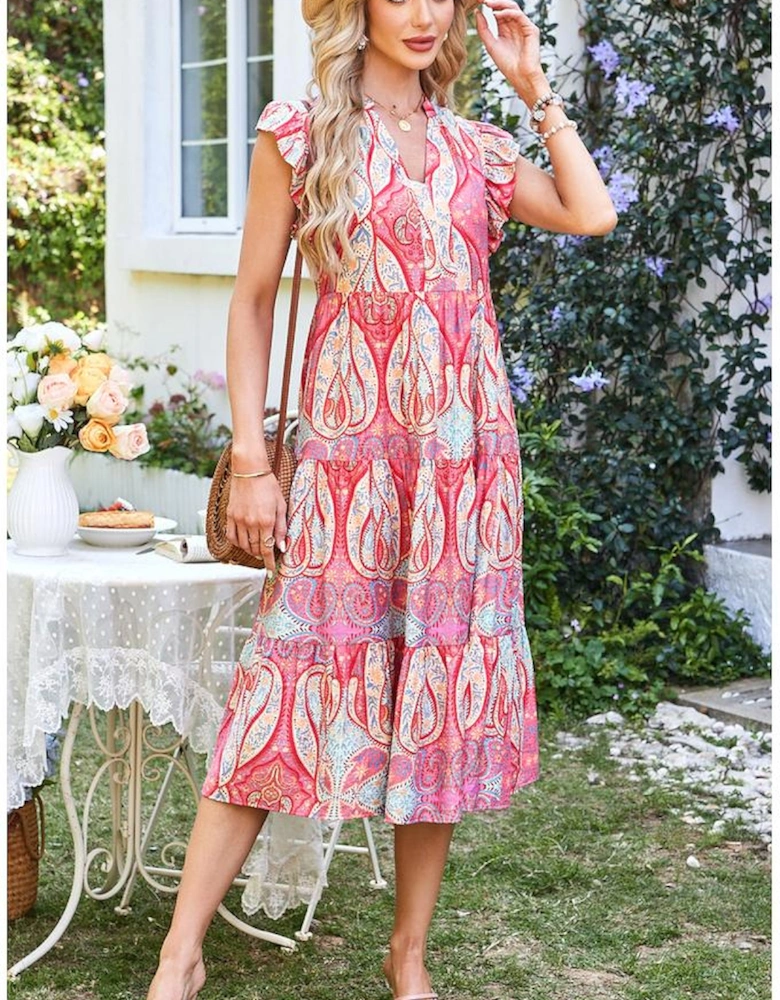 Rose Tribal Paisley Print Ruffled Sleeve Notch Neck Midi Dress