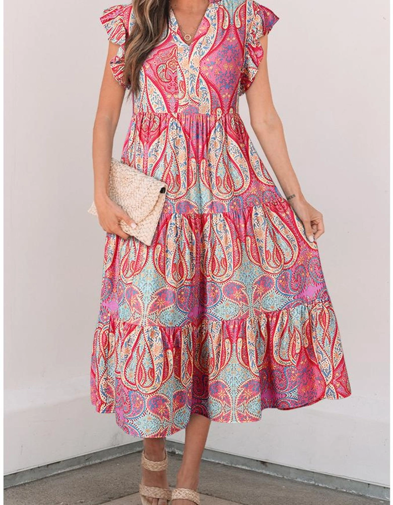 Rose Tribal Paisley Print Ruffled Sleeve Notch Neck Midi Dress