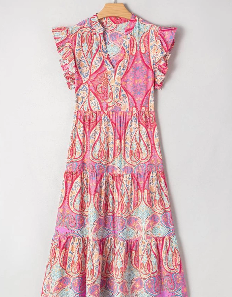 Rose Tribal Paisley Print Ruffled Sleeve Notch Neck Midi Dress
