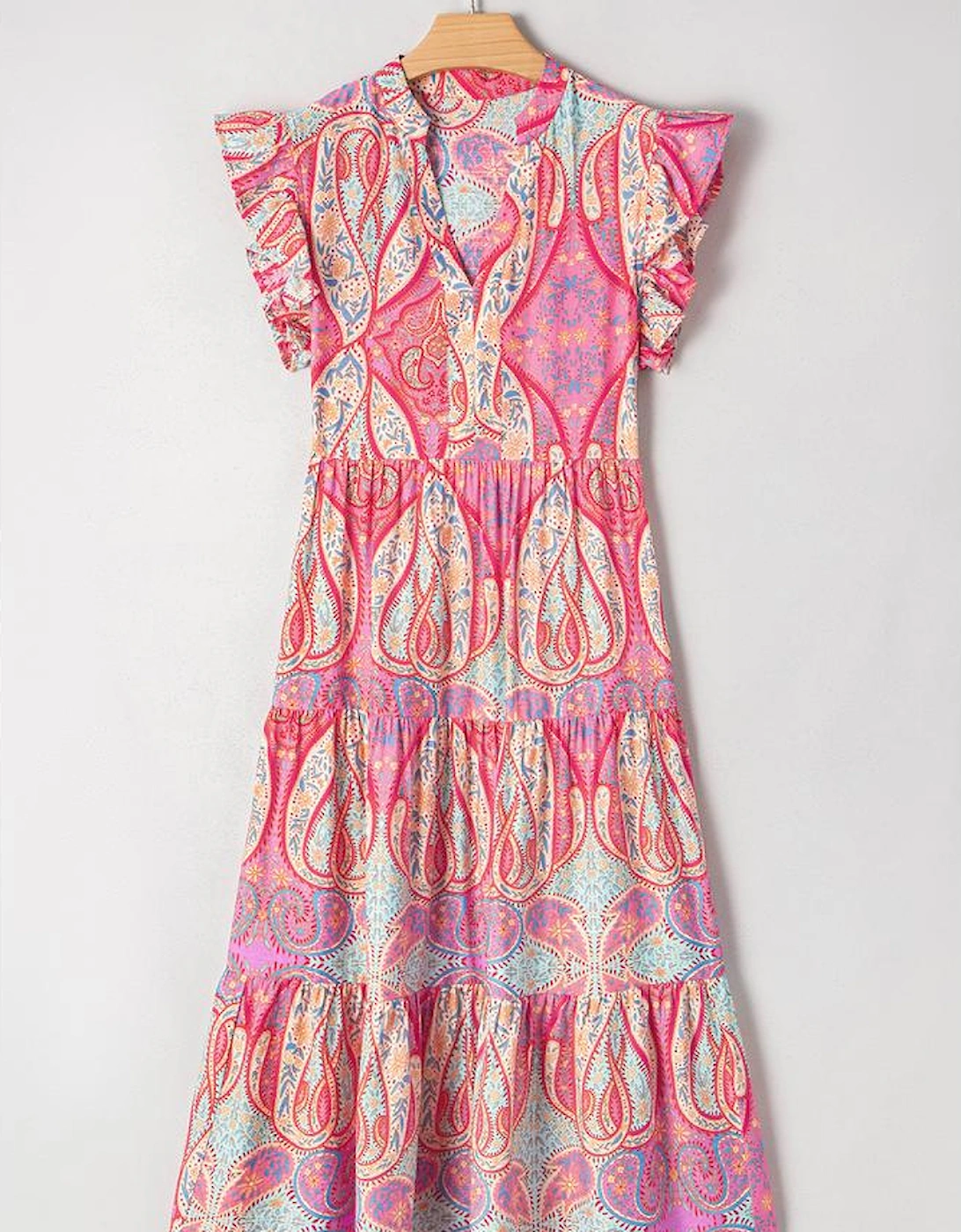 Rose Tribal Paisley Print Ruffled Sleeve Notch Neck Midi Dress