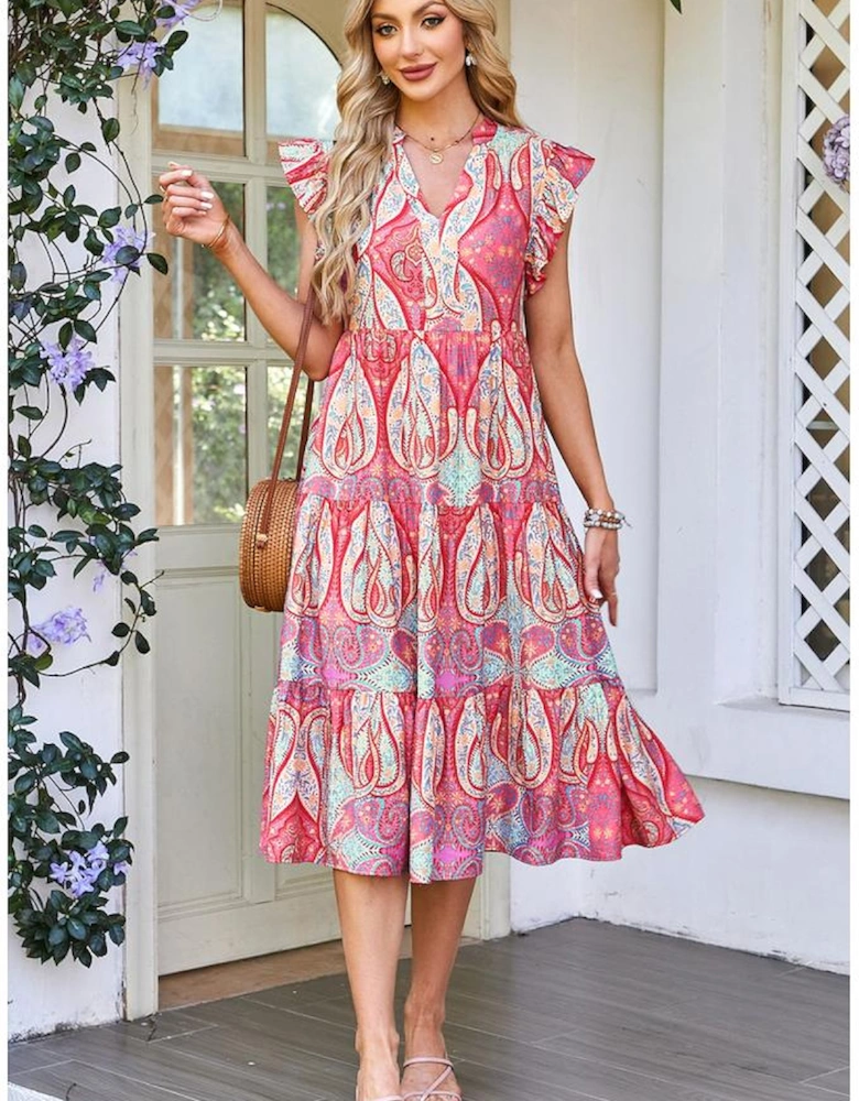 Rose Tribal Paisley Print Ruffled Sleeve Notch Neck Midi Dress
