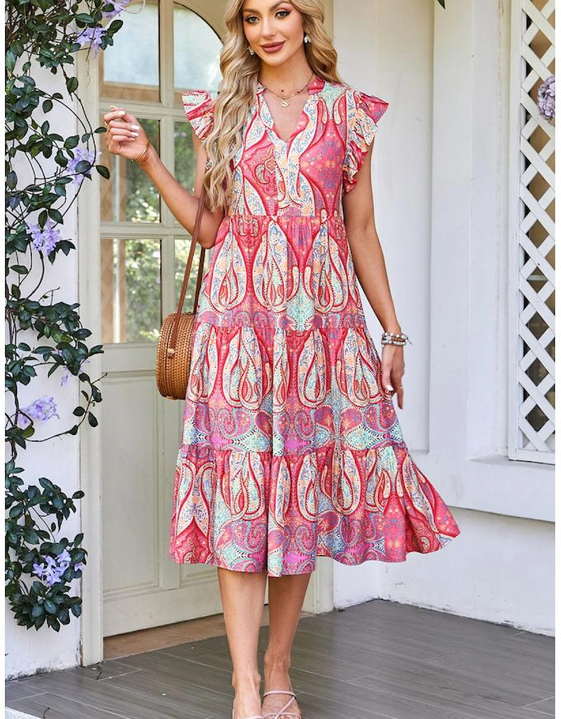 Rose Tribal Paisley Print Ruffled Sleeve Notch Neck Midi Dress