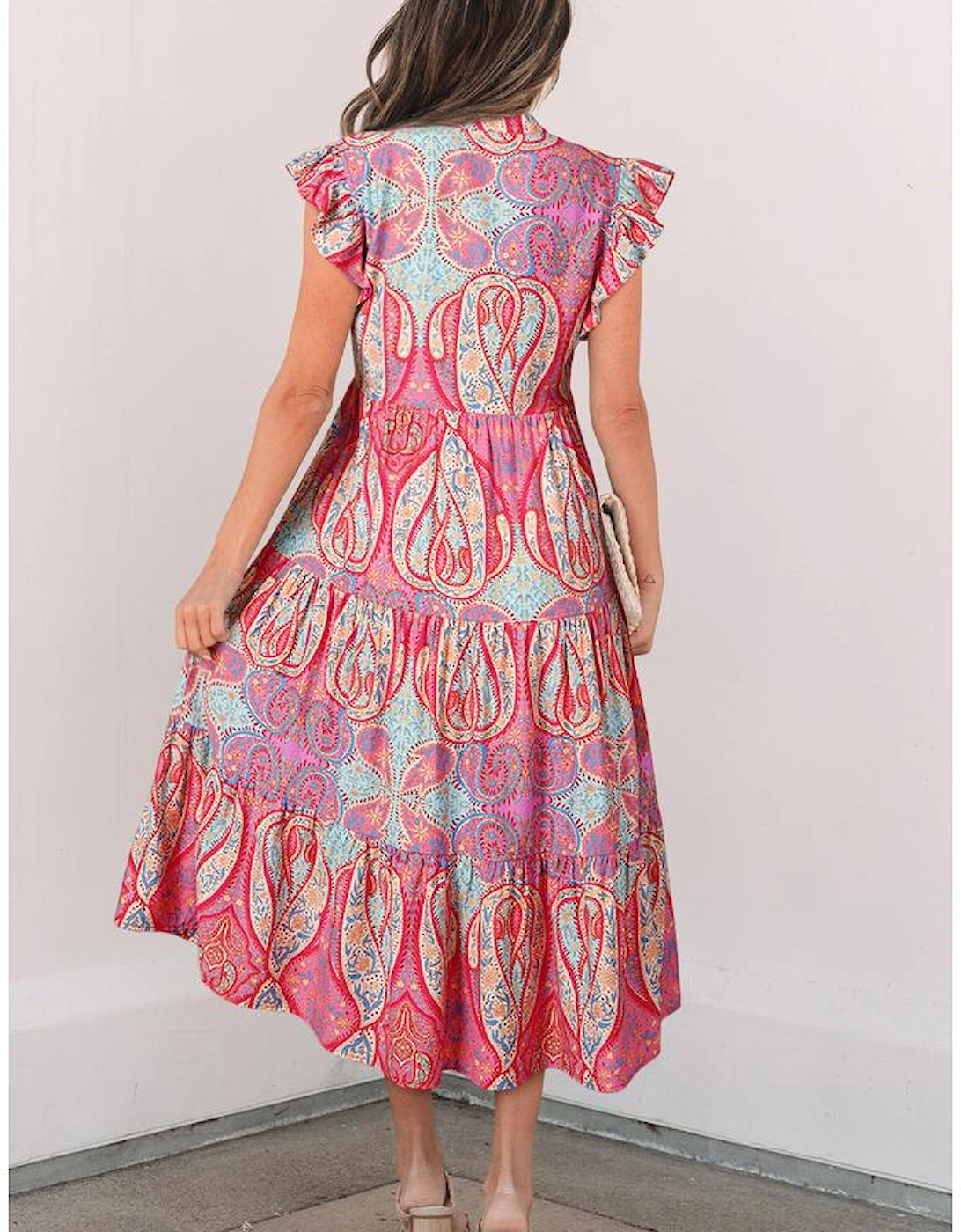 Rose Tribal Paisley Print Ruffled Sleeve Notch Neck Midi Dress