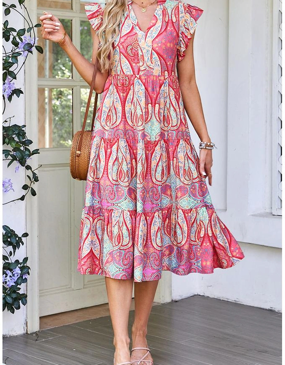 Rose Tribal Paisley Print Ruffled Sleeve Notch Neck Midi Dress