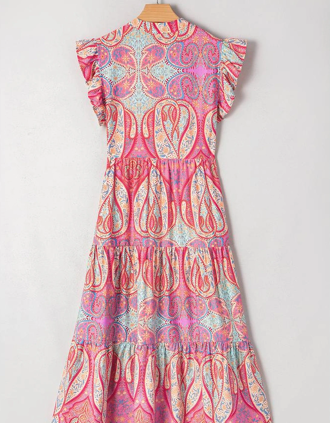 Rose Tribal Paisley Print Ruffled Sleeve Notch Neck Midi Dress