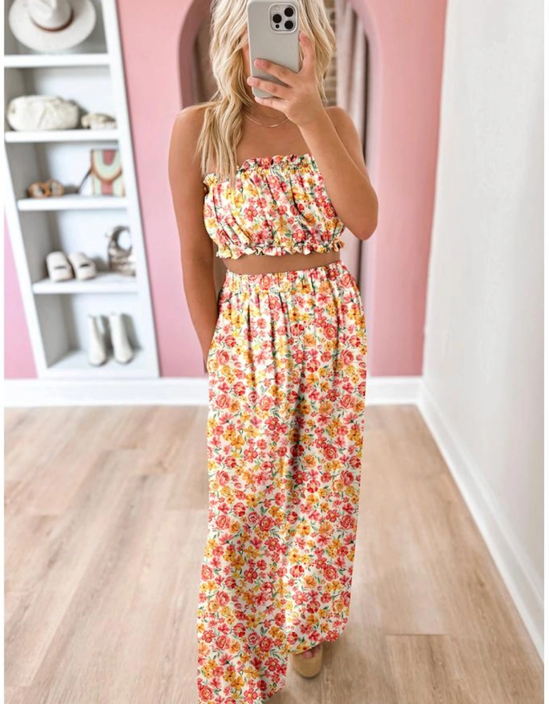 Pink Boho Floral Bandeau Top and High Waist Wide Leg Pants Set
