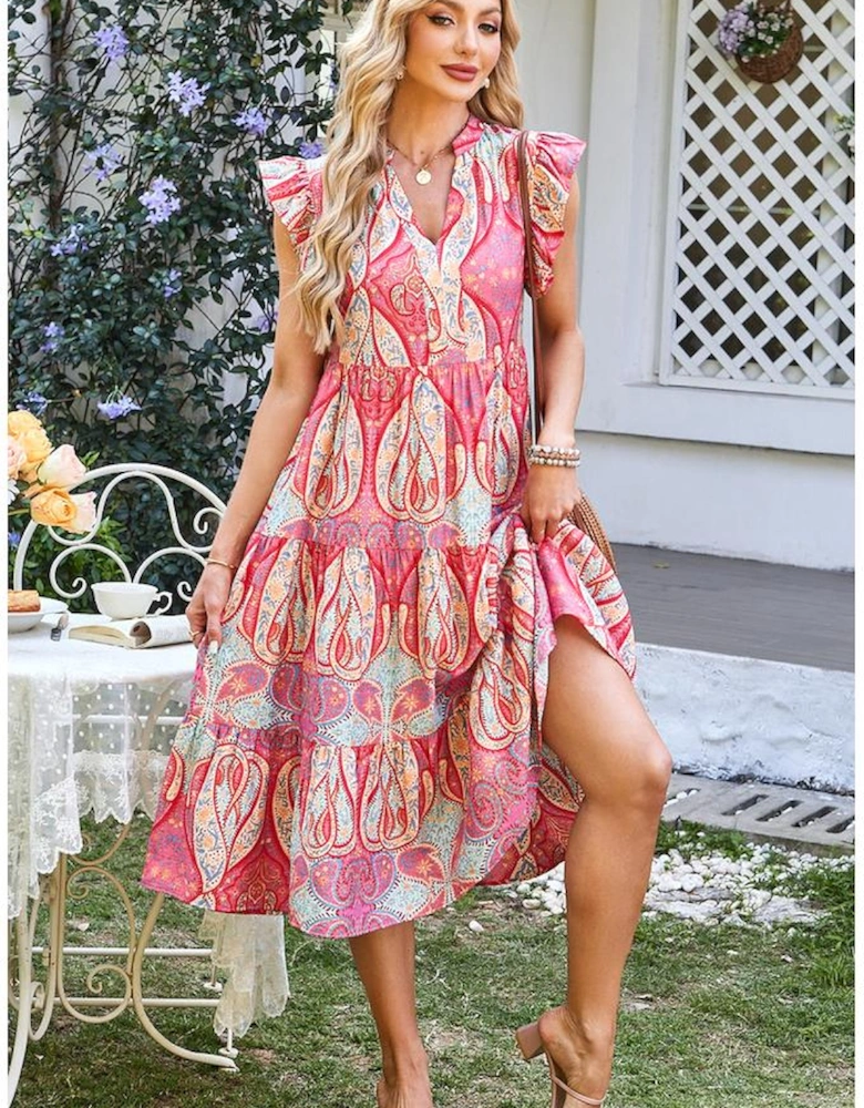 Rose Tribal Paisley Print Ruffled Sleeve Notch Neck Midi Dress