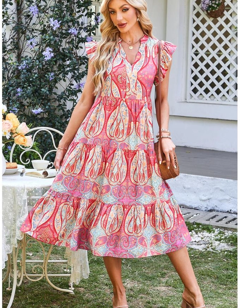 Rose Tribal Paisley Print Ruffled Sleeve Notch Neck Midi Dress
