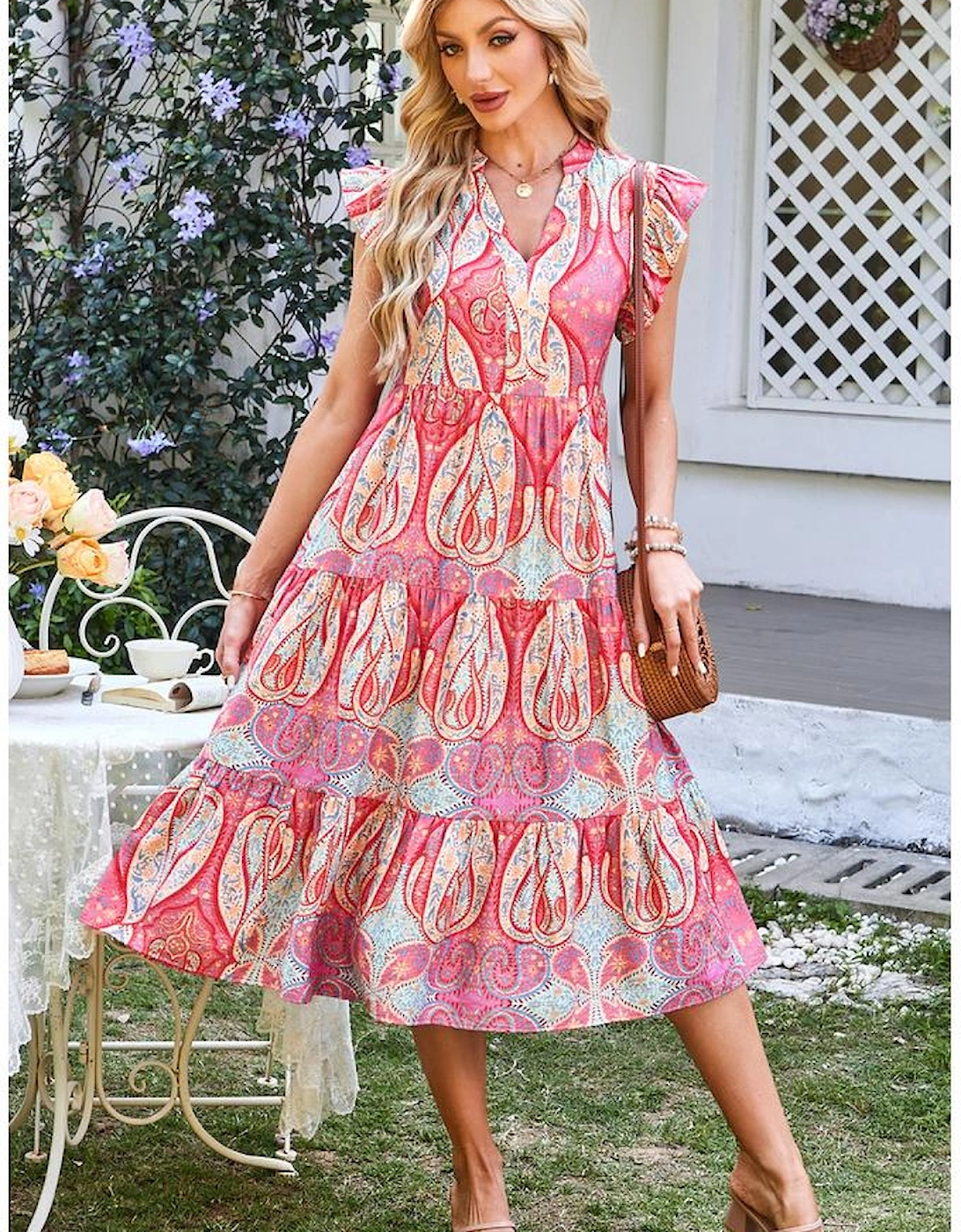 Rose Tribal Paisley Print Ruffled Sleeve Notch Neck Midi Dress