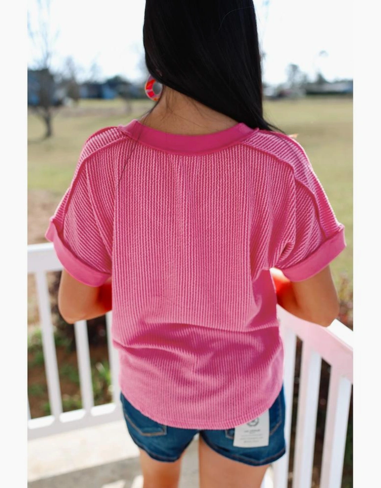 Rose Red Twisted Ribbed Knit V Neck Casual Tee