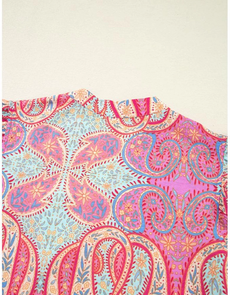 Rose Tribal Paisley Print Ruffled Sleeve Notch Neck Midi Dress