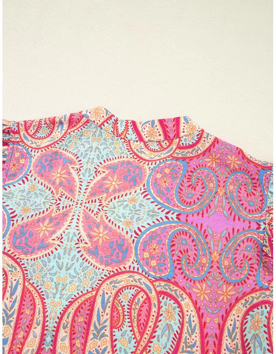 Rose Tribal Paisley Print Ruffled Sleeve Notch Neck Midi Dress