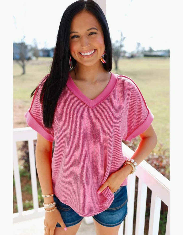 Rose Red Twisted Ribbed Knit V Neck Casual Tee