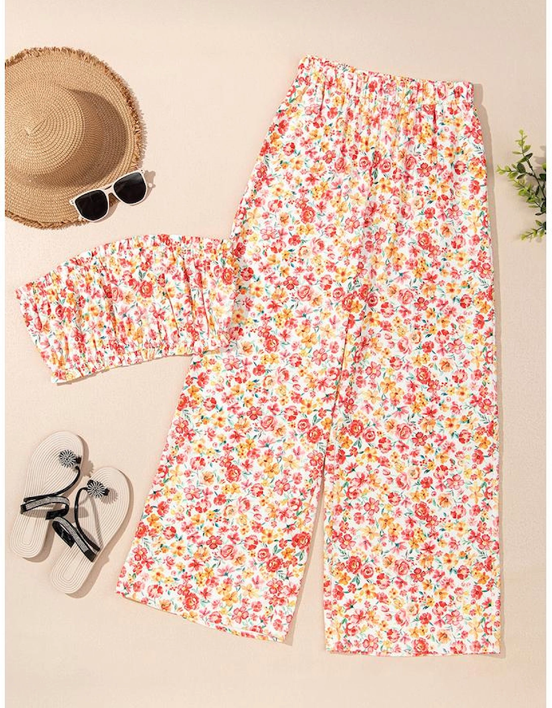 Pink Boho Floral Bandeau Top and High Waist Wide Leg Pants Set